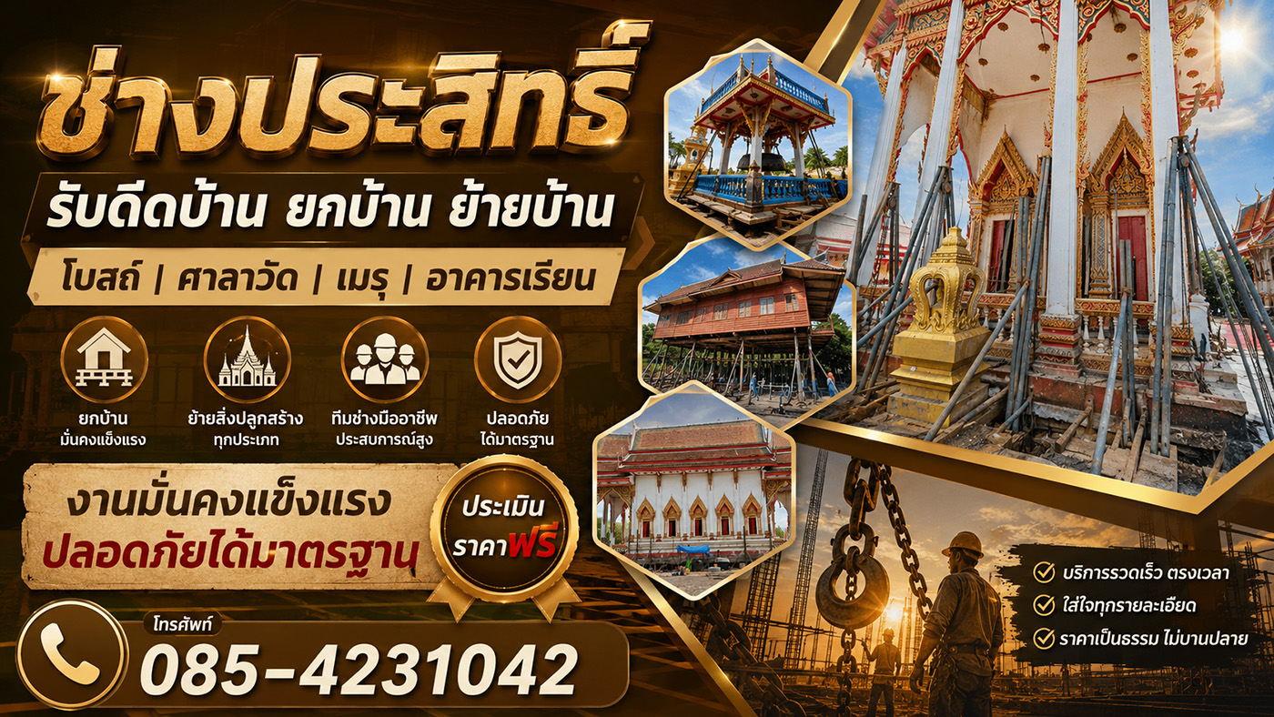 ช่างประสิทธิ์ รับดีดบ้าน ยกบ้าน ย้ายบ้าน โบสถ์ ศาลาวัด เมรุ อาคารเรียน โดยทีมช่างมืออาชีพ งานมั่นคงแข็งแรง ปลอดภัยได้มาตรฐาน ประเมินราคาฟรี
